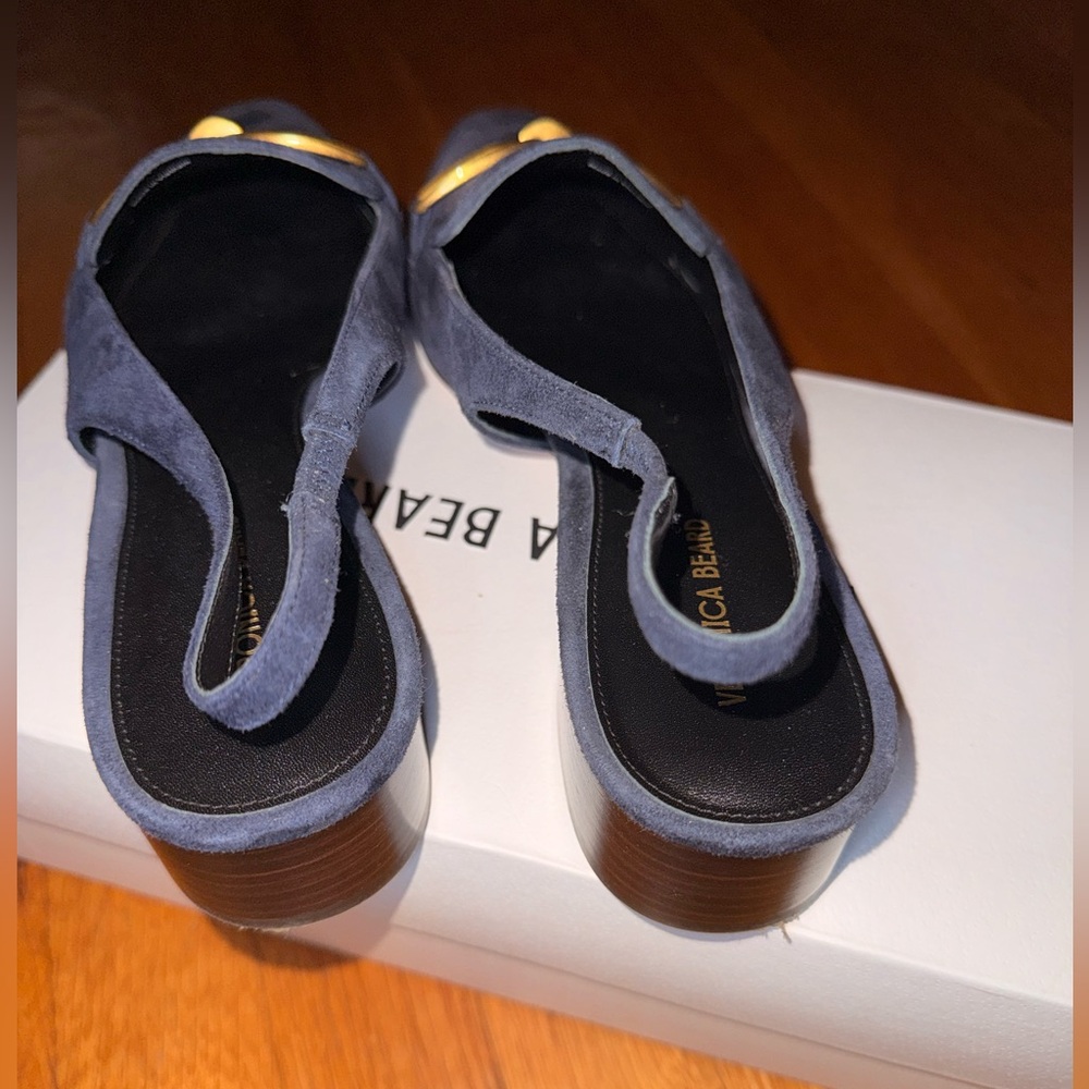 VERONICA BEARD Casie Slingback Pump in Navy Blue Suede with a Gold-Tone Buckle - Picture 8 of 13